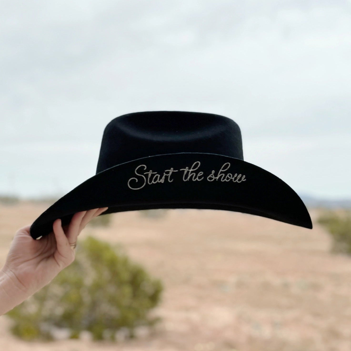 Black cowboy hat with 'Start the show' text held in a hand against a desert background