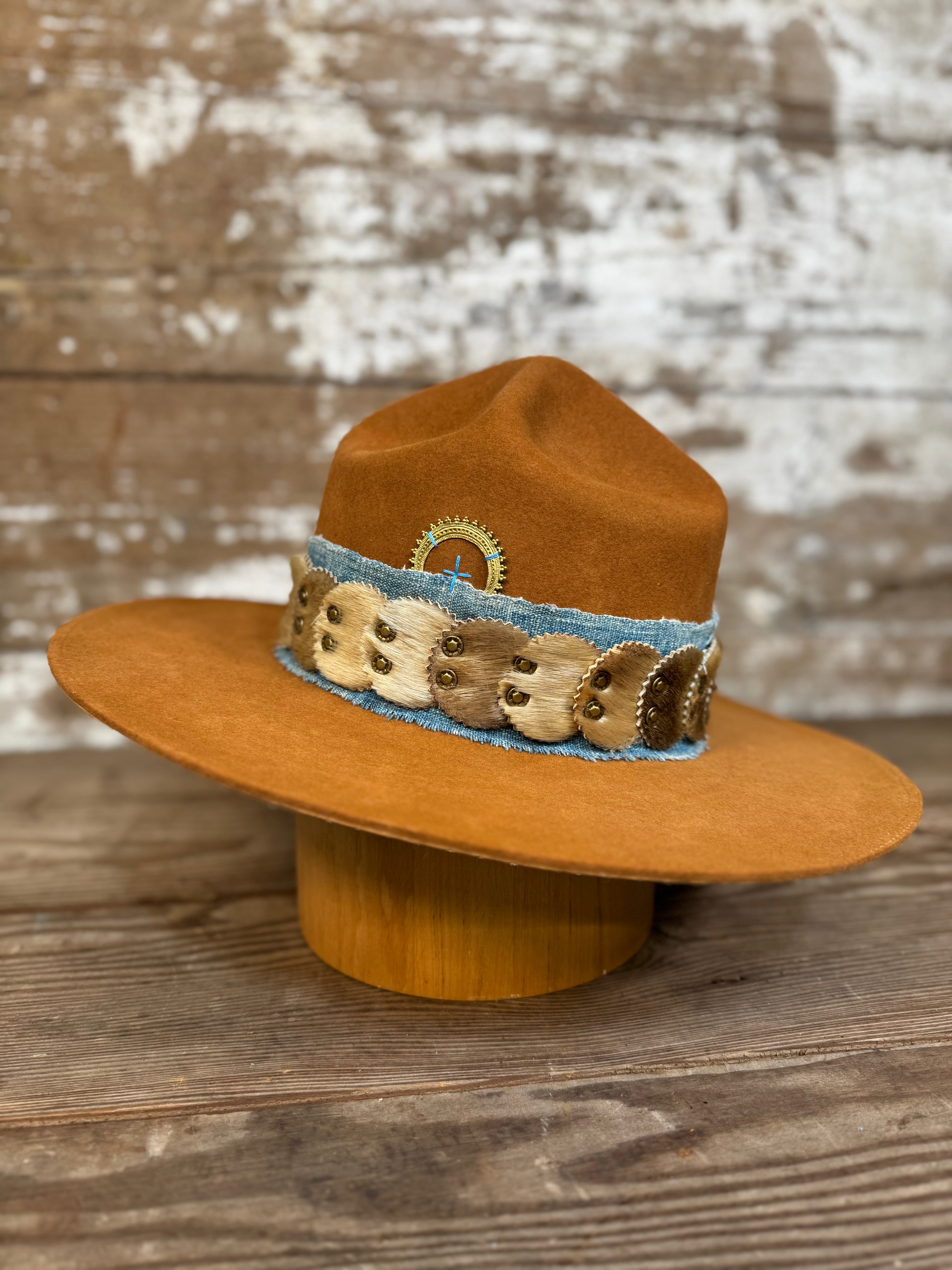 Solar Communion hand-shaped reclaimed beaver felt hat with denim-and-fur band and brass solar accent, handmade in Oregon
