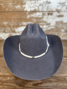 Front view of Decent Trouble hat in charcoal felt with knotted rawhide tassel.