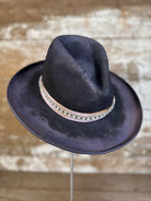 Weathered violet-charcoal felt Gus hat with pencil curl brim, lilac petersham grosgrain ribbon, rhinestone band, hand stitching, and diamond brand mark.