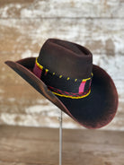 Beaver–wool felt hat in deep red-brown with coffin crown, relaxed taco brim, Pendleton wool band, horsehair tie, Columbia Plateau sunburst beading, and vintage African trade beads.