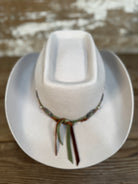 Back view of tan wool cowboy hat with a brick-style crown and come-and-go brim, finished with a smooth leather hat band and silver conchos.
