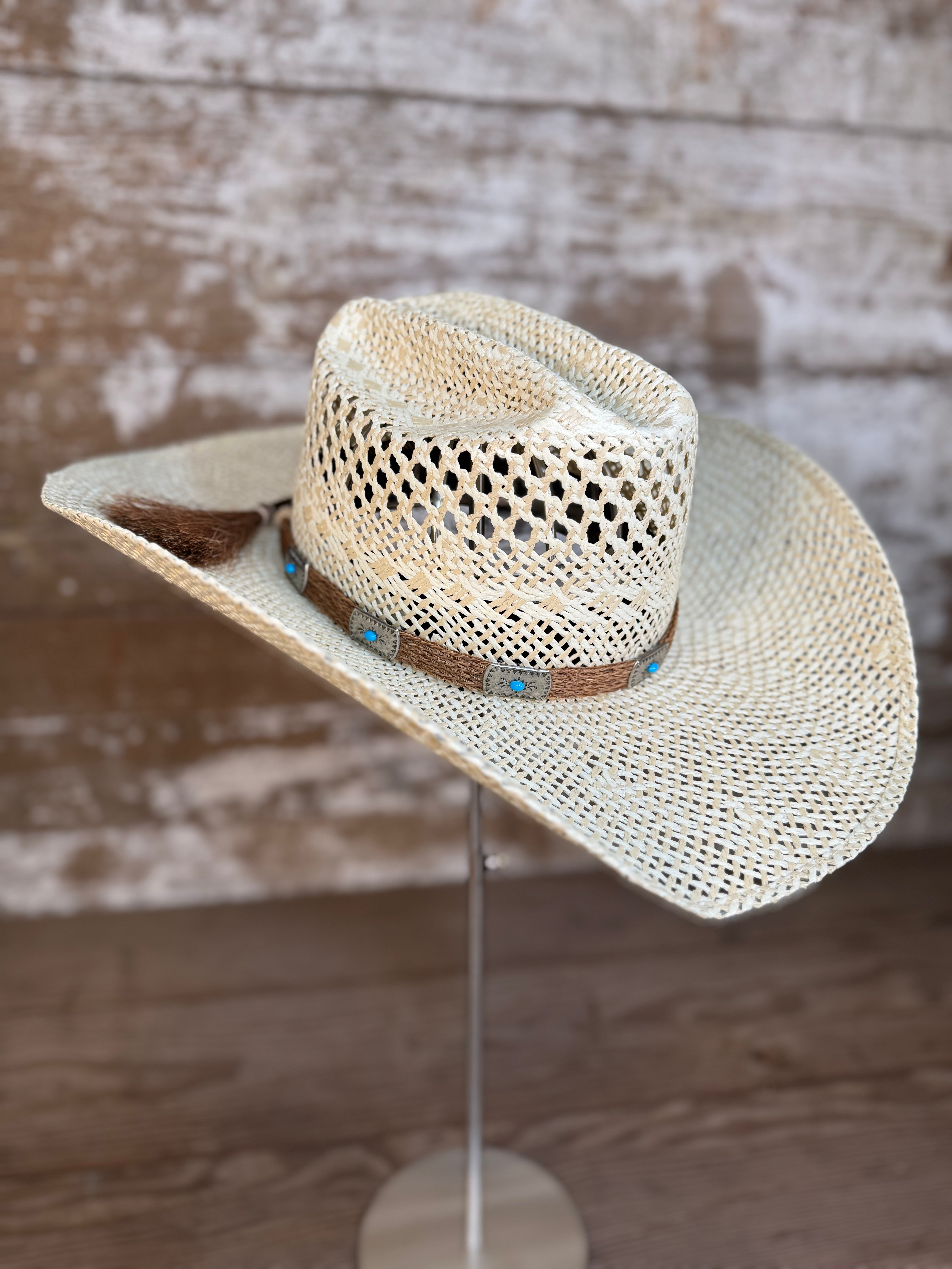 Wallowa Wind straw cowboy hat with horsehair band and silver arrow pin, handmade in Oregon